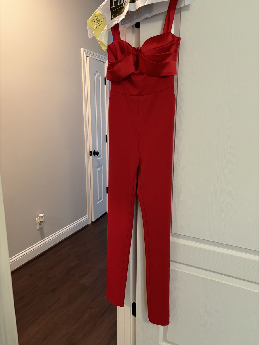 Miss Circle Size S Pageant Plunge Red Formal Jumpsuit on Queenly