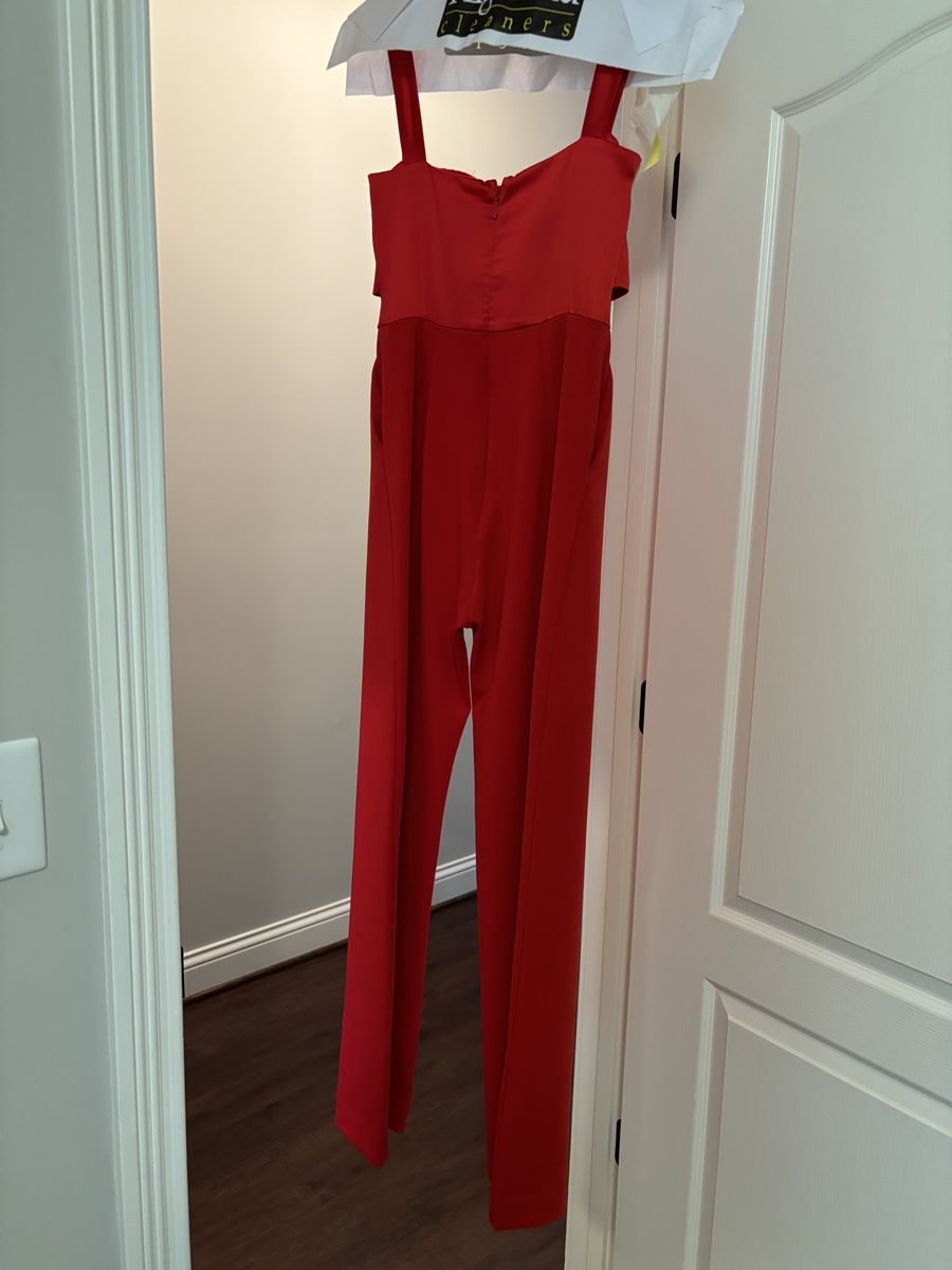 Miss Circle Size S Pageant Plunge Red Formal Jumpsuit on Queenly