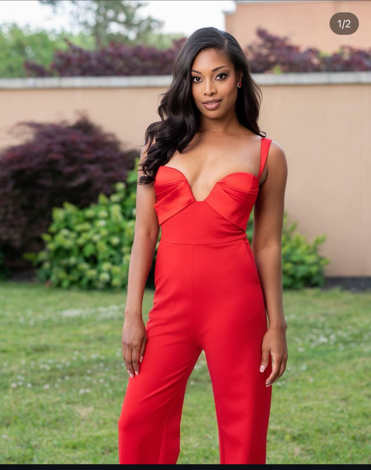 Miss Circle Size S Pageant Plunge Red Formal Jumpsuit on Queenly