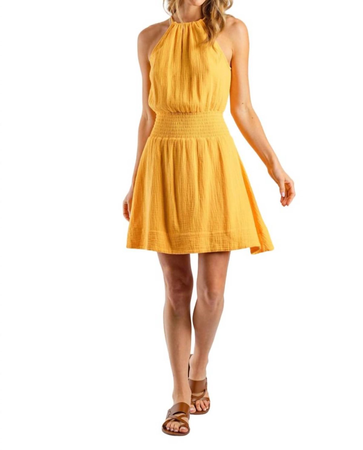 Style 1-4054597-149 SUNDAY Size L Halter Yellow Cocktail Dress on Queenly