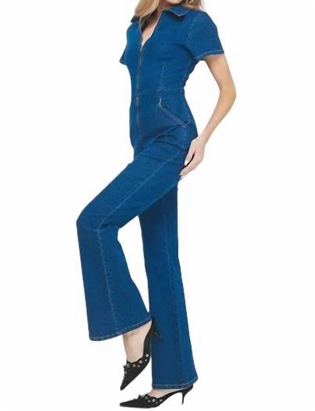 Style 1-2370130873-74 needii Size S High Neck Blue Formal Jumpsuit on Queenly