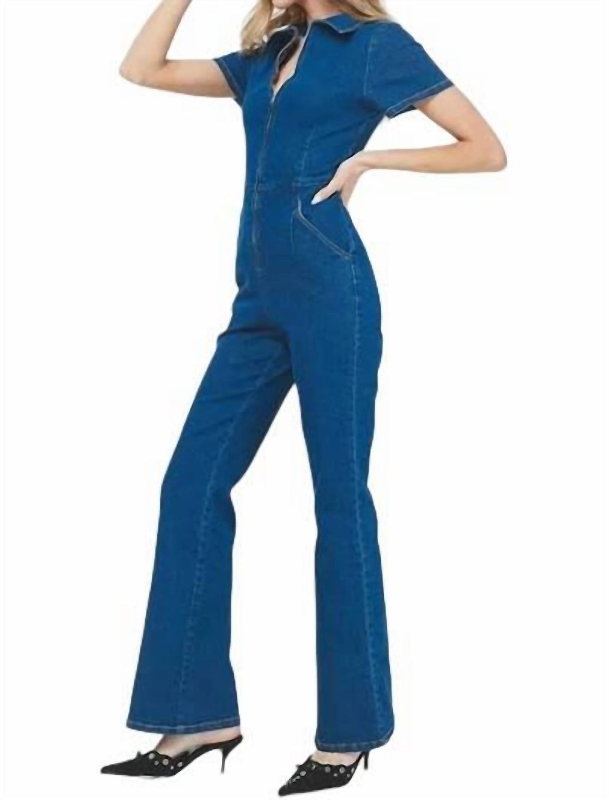 Style 1-2370130873-74 needii Size S High Neck Blue Formal Jumpsuit on Queenly