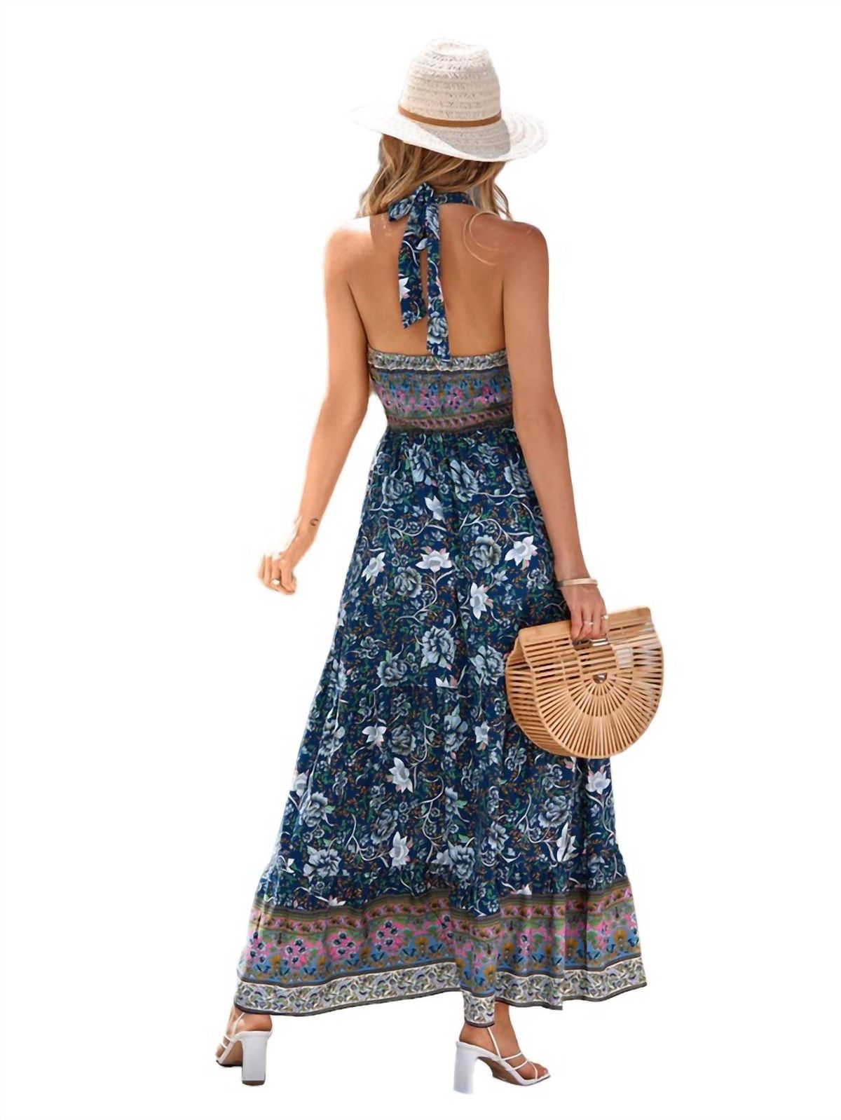 Style 1-3462066461-149 ePretty Size L Halter Floral Navy Blue Floor Length Maxi on Queenly