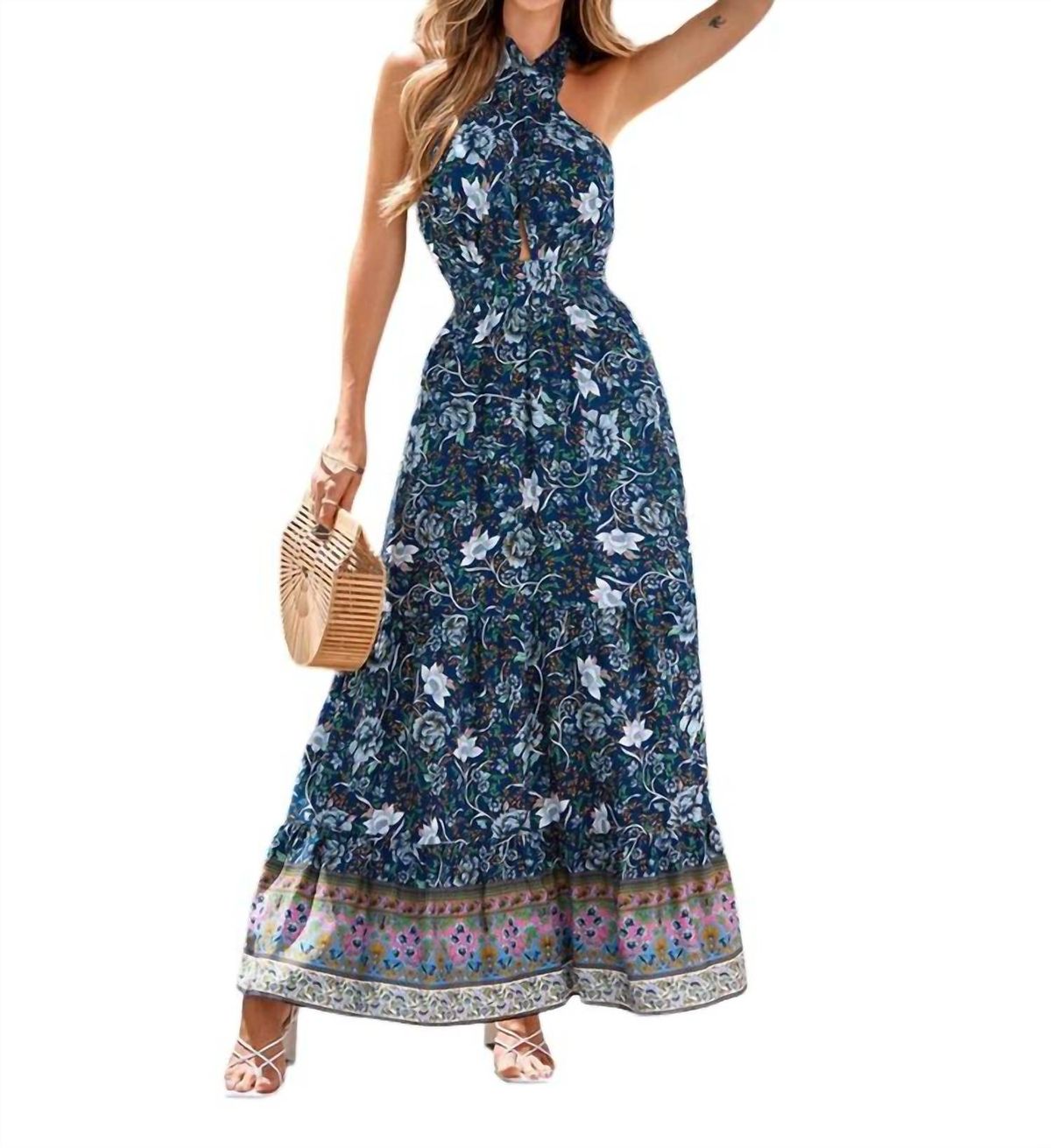 Style 1-3462066461-149 ePretty Size L Halter Floral Navy Blue Floor Length Maxi on Queenly