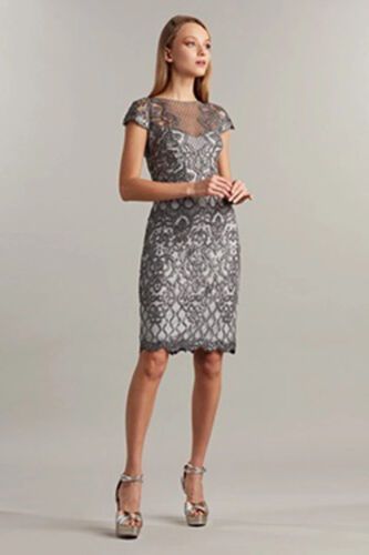 Tadashi Shoji Size 12 Cap Sleeve Lace Silver Cocktail Dress on Queenly