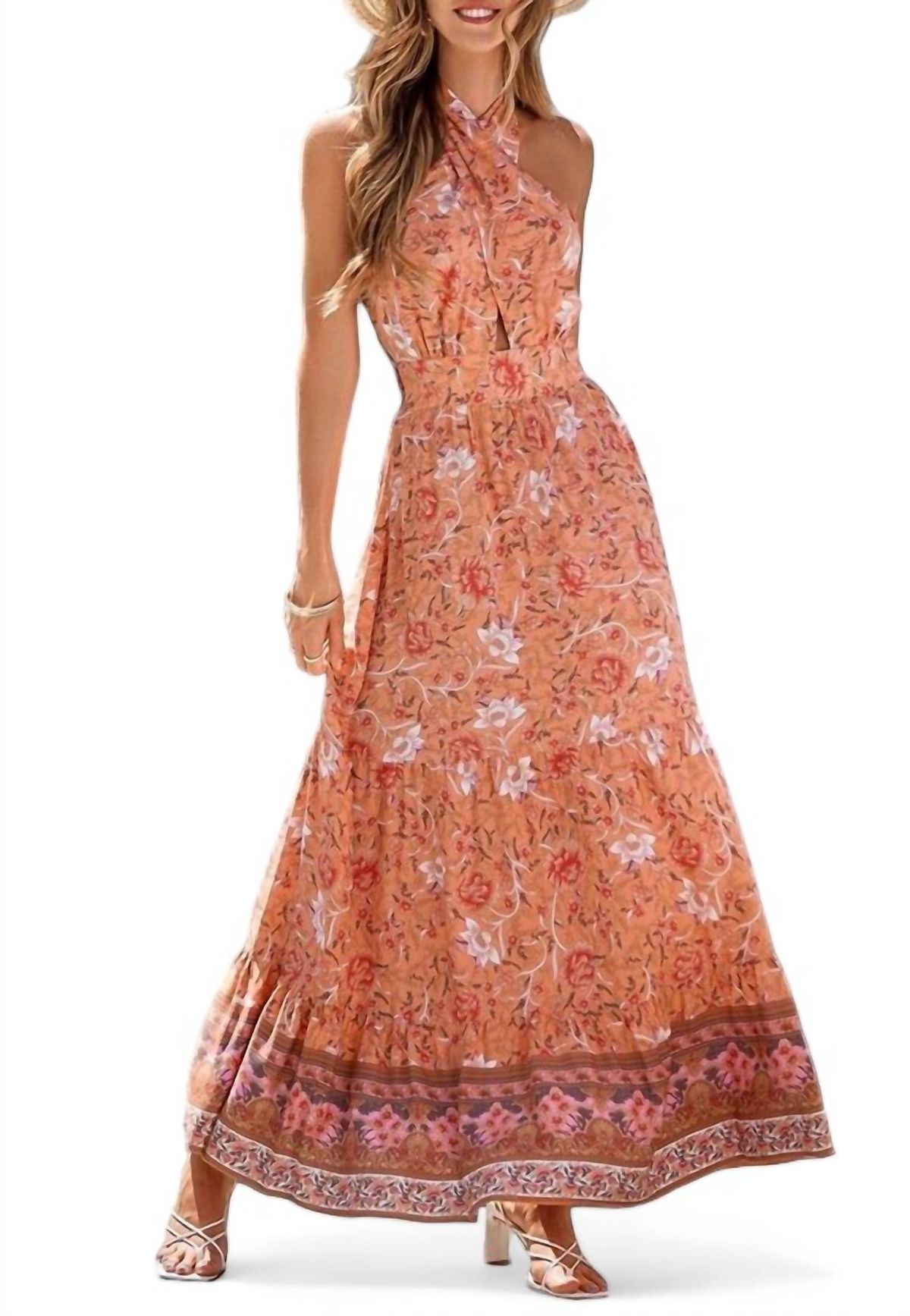 Style 1-762121369-1691 ePretty Size XL Halter Floral Orange Floor Length Maxi on Queenly