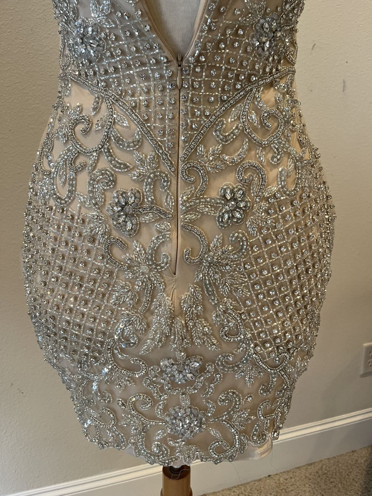 Style Rhinestone Crystal Beaded Halter Dress Darius Cordell Size 2 Halter Sequined Nude Cocktail Dress on Queenly