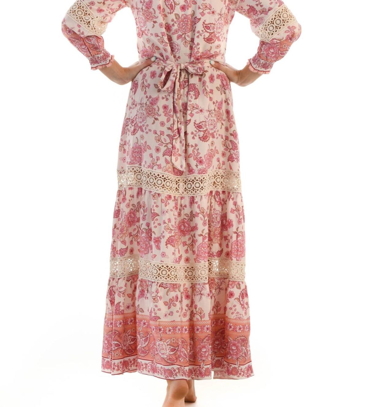 Style 1-3945173383-149 Walker & Wade Size L Long Sleeve Lace Pink Floor Length Maxi on Queenly