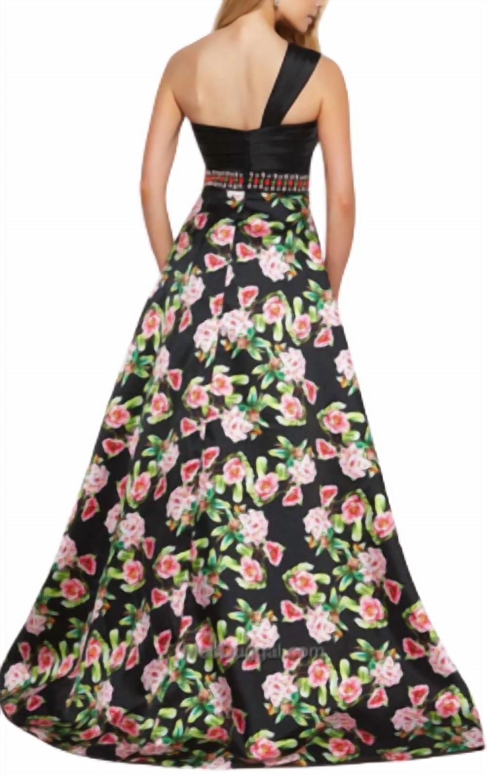 Style 1-3833977931-1498 MAC DUGGAL Size 4 One Shoulder Floral Black Ball Gown on Queenly