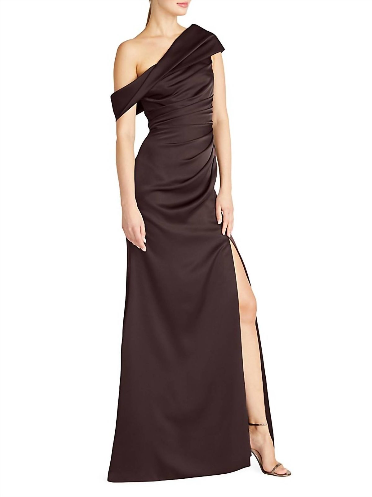 Style 1-2259216063-98 THEIA Size 10 One Shoulder Brown Side Slit Dress on Queenly