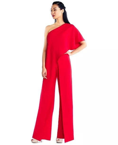 Style 4503929 Adrianna Papell Size 12 Pageant One Shoulder Red Formal Jumpsuit on Queenly