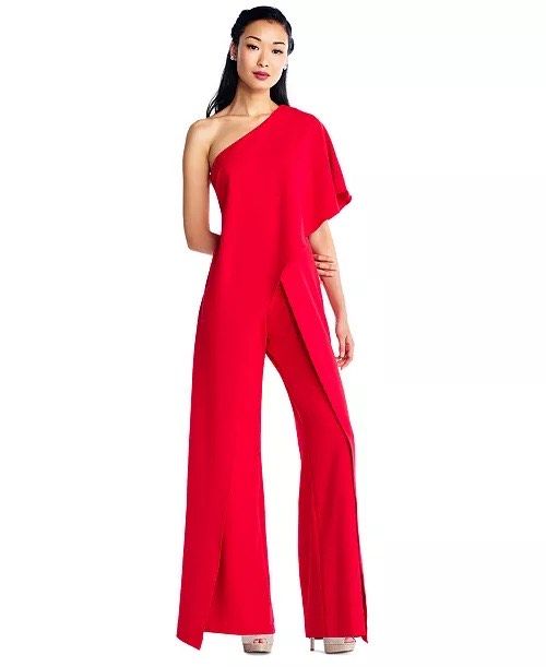 Style 4503929 Adrianna Papell Size 12 Pageant One Shoulder Red Formal Jumpsuit on Queenly