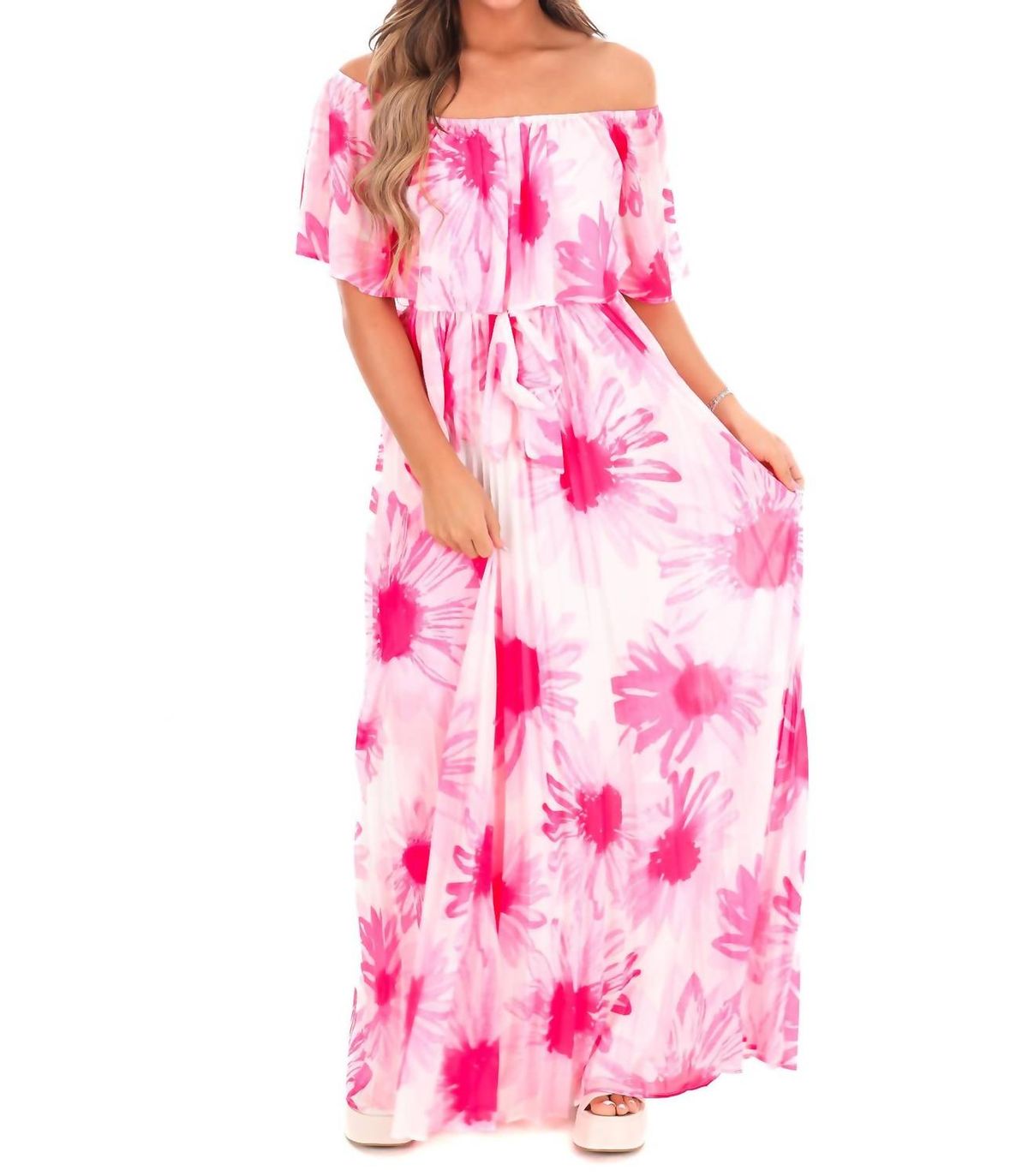 Style 1-364727705-892 FLYING TOMATO Size M Off The Shoulder Floral White Floor Length Maxi on Queenly