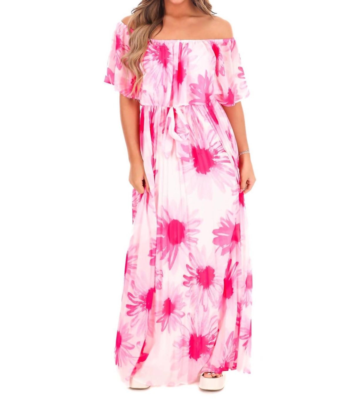 Style 1-364727705-892 FLYING TOMATO Size M Off The Shoulder Floral White Floor Length Maxi on Queenly