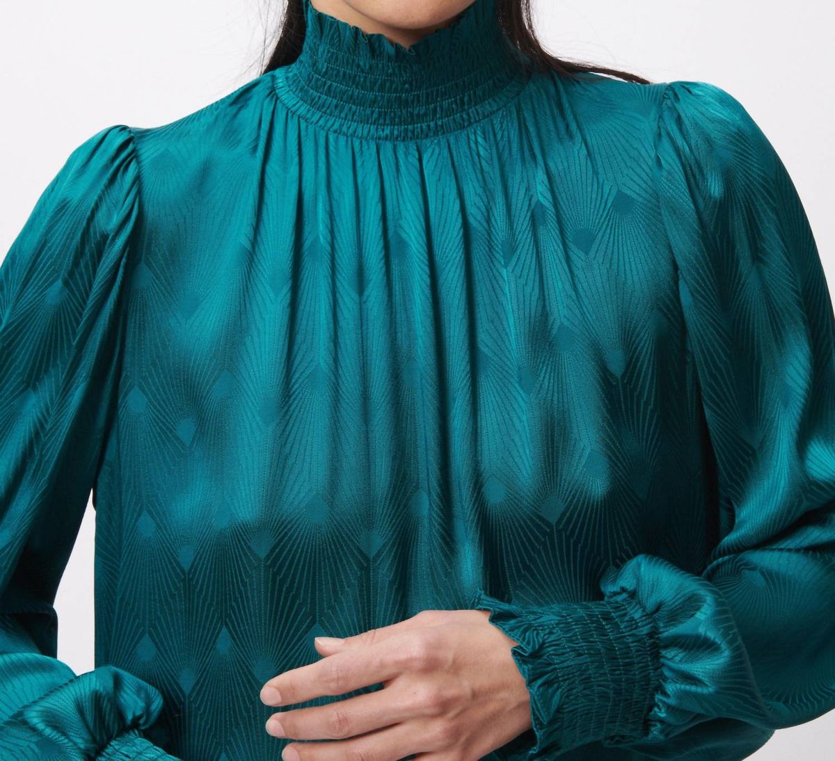 Style 1-3455323828-74 FRNCH Size S Long Sleeve Satin Turquoise Green Cocktail Dress on Queenly