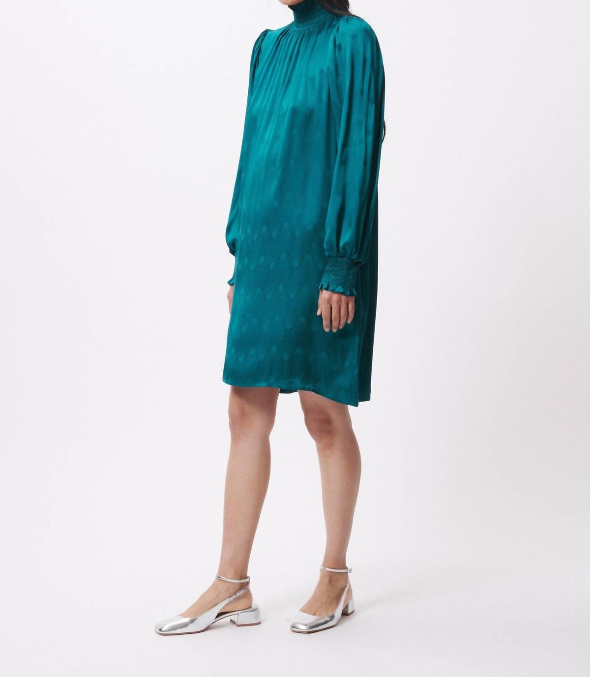 Style 1-3455323828-74 FRNCH Size S Long Sleeve Satin Turquoise Green Cocktail Dress on Queenly