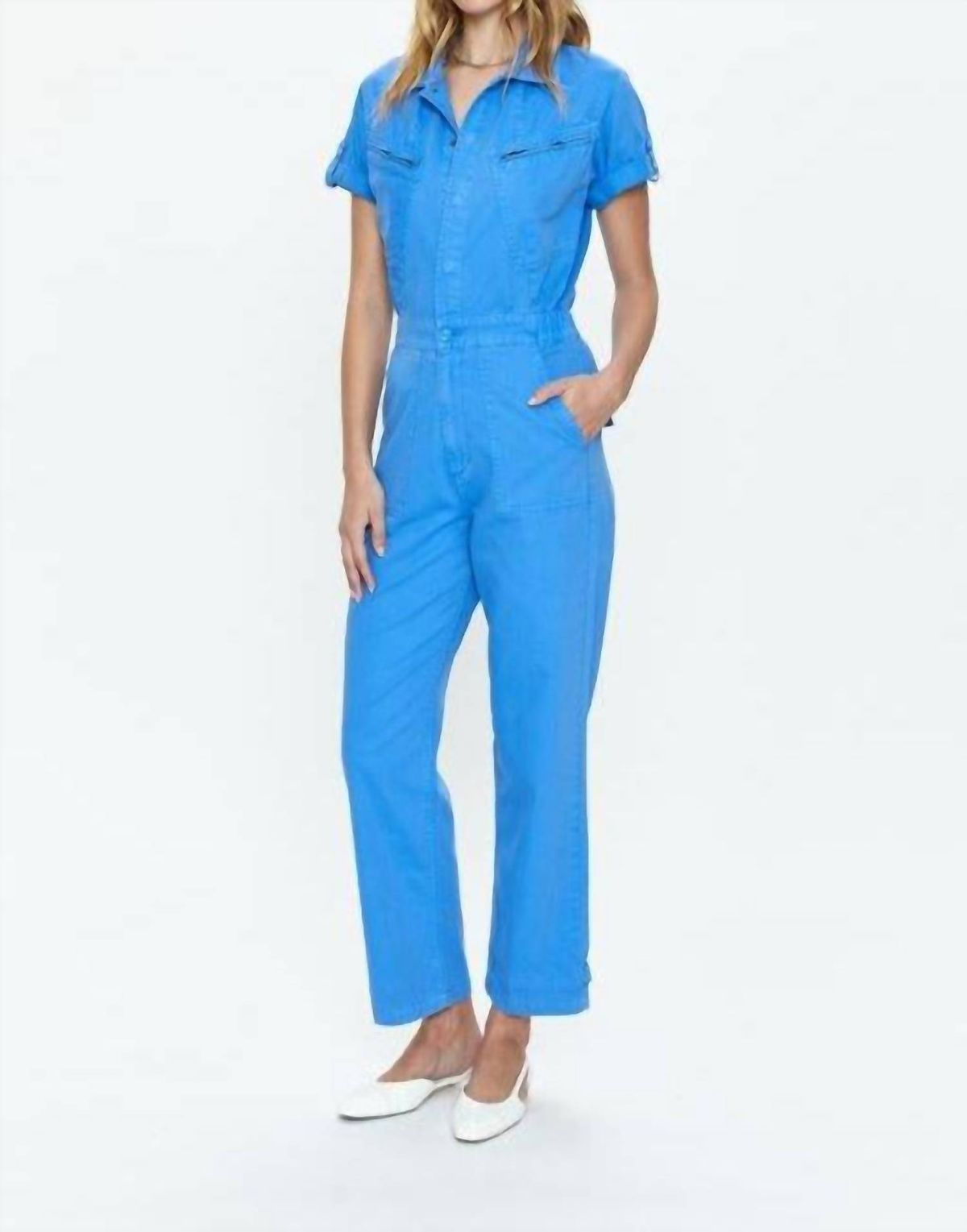 Style 1-2351649419-892 PISTOLA Size M High Neck Sequined Blue Formal Jumpsuit on Queenly