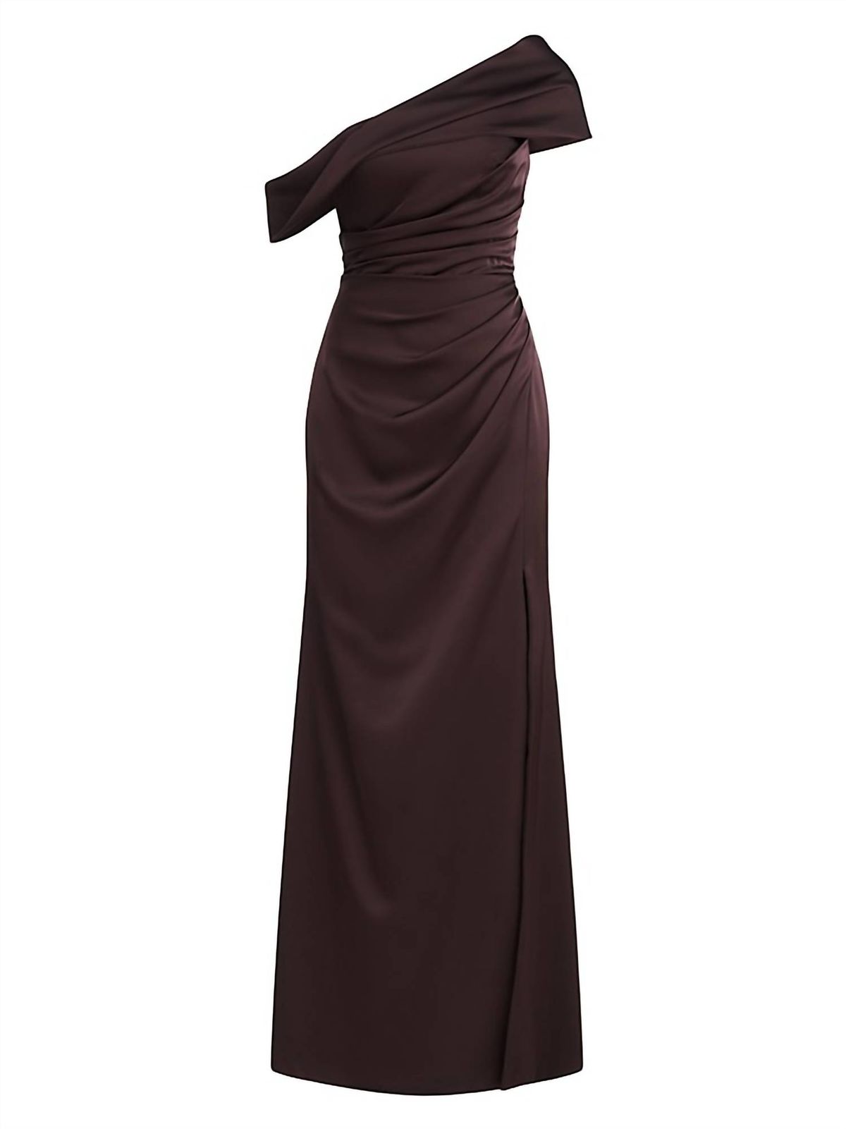 Style 1-2259216063-98 THEIA Size 10 One Shoulder Brown Side Slit Dress on Queenly