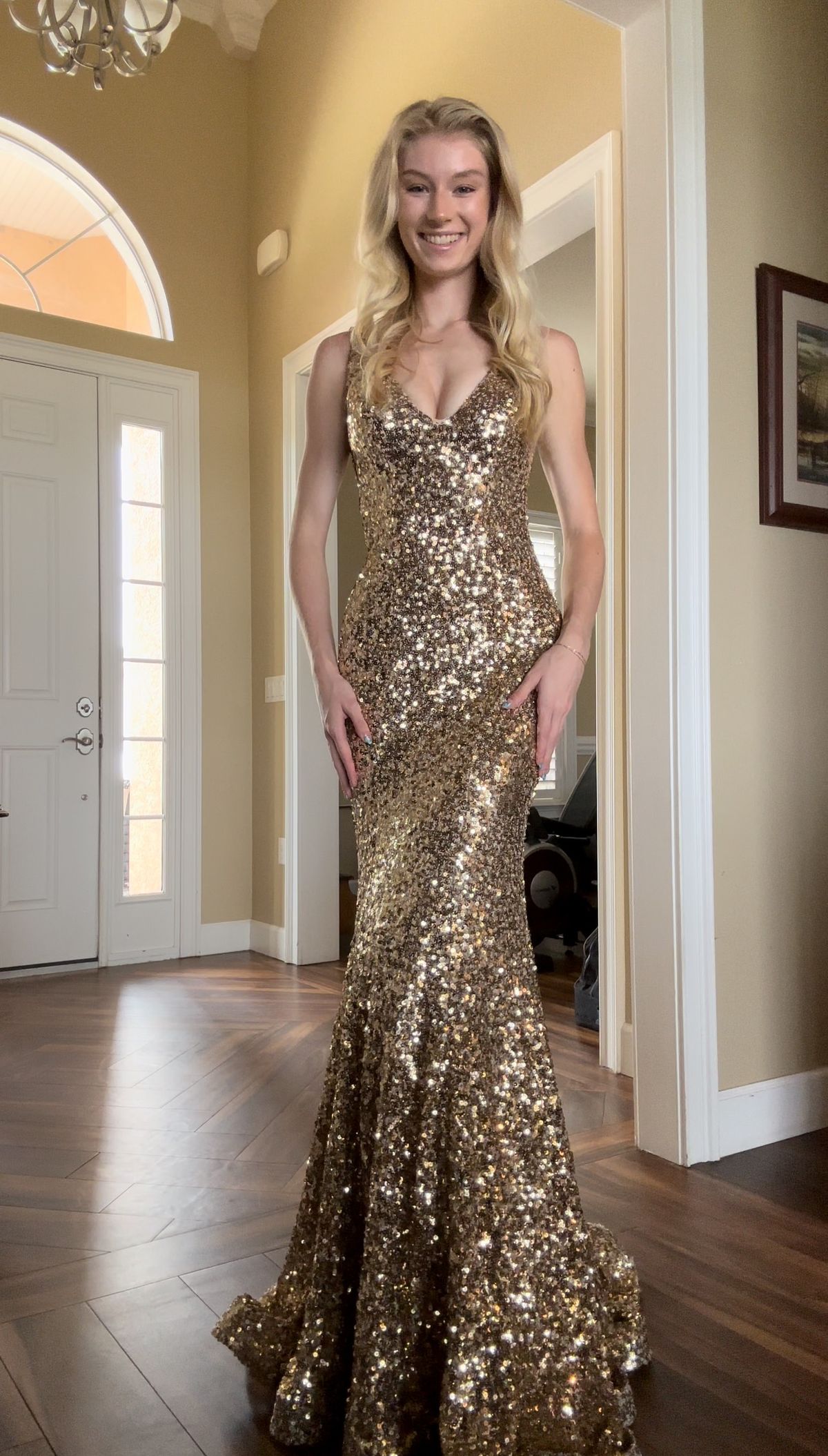 Sophia Thomas Size 00 Prom Plunge Gold Mermaid Dress on Queenly