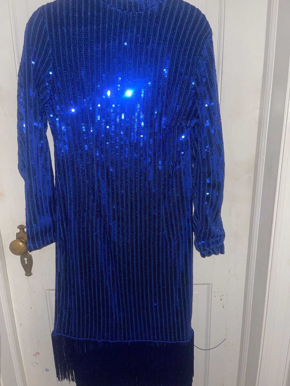 Size 12 Prom Long Sleeve Blue Floor Length Maxi on Queenly