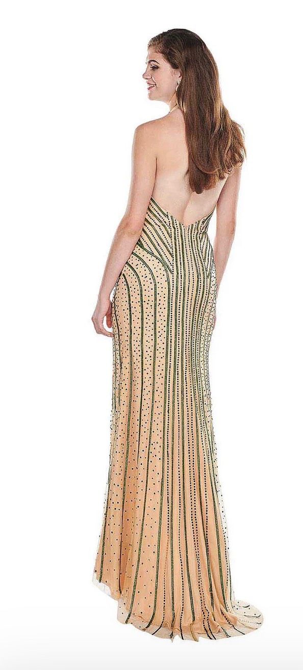 Style  6404 Rachel Allan Size 2 Prom Plunge Sequined Emerald Nude Side Slit Dress on Queenly