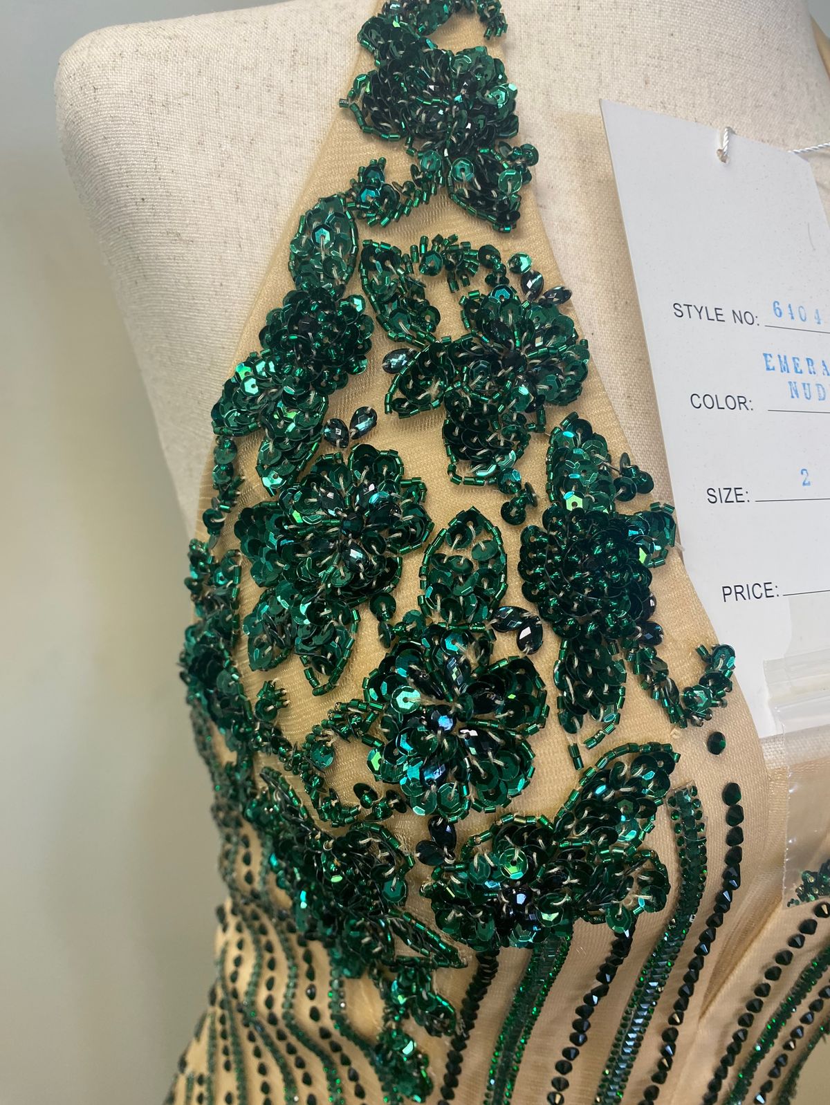 Style  6404 Rachel Allan Size 2 Prom Plunge Sequined Emerald Nude Side Slit Dress on Queenly