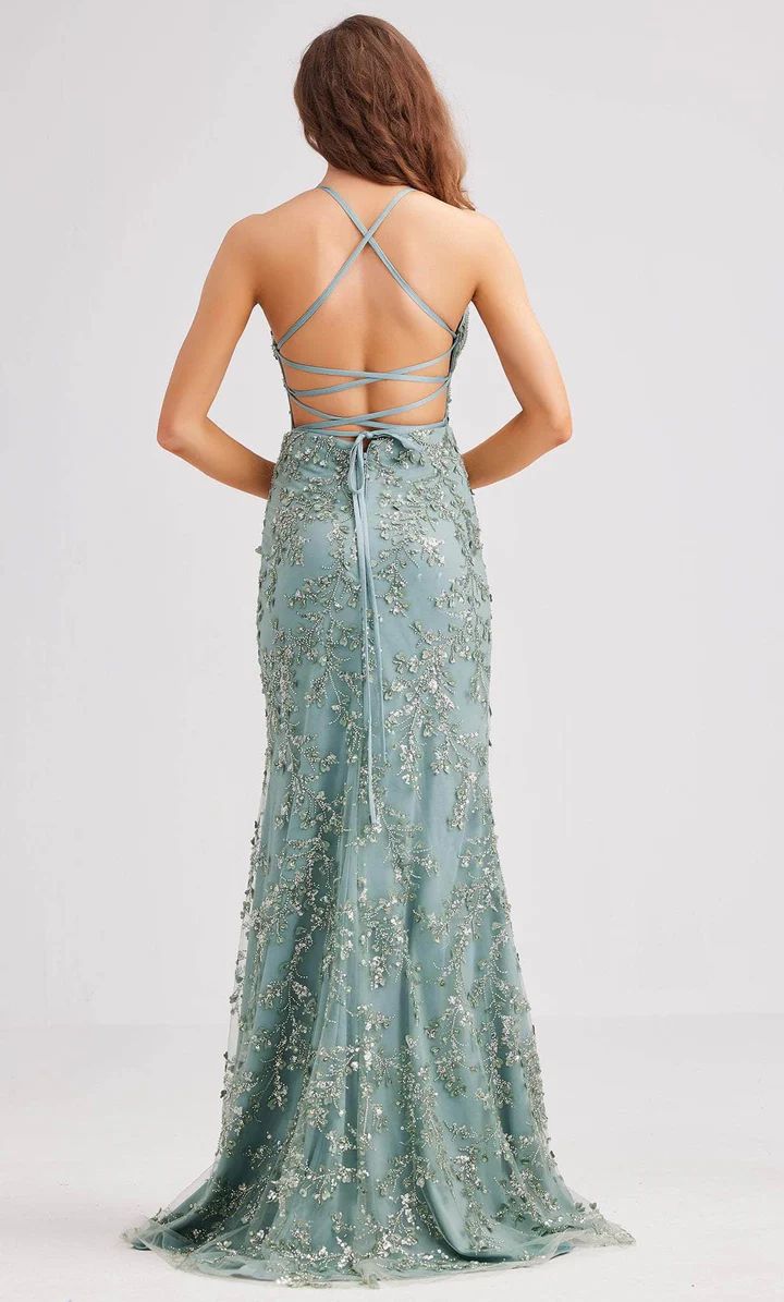 Style J23036 Jadore Evening Size 6 Plunge Floral Green Side Slit Dress on Queenly