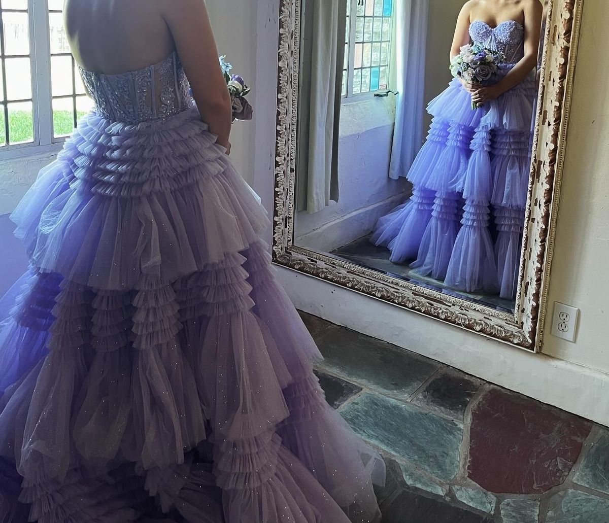 Style 55682 Sherri Hill Size 4 Prom Strapless Purple Ball Gown on Queenly