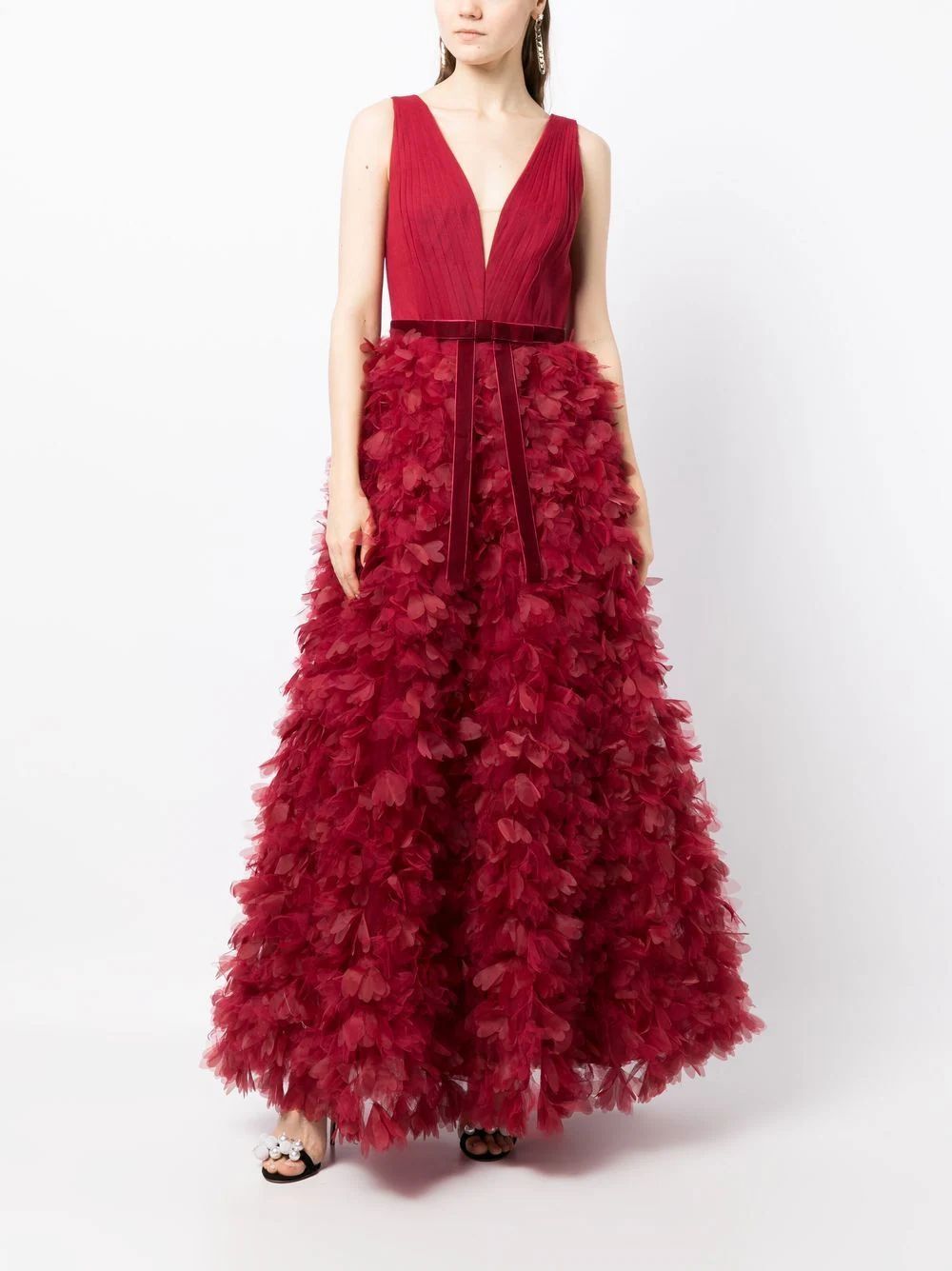 Style N62G3226 Marchesa Notte Size 0 Plunge Velvet Red Ball Gown on Queenly