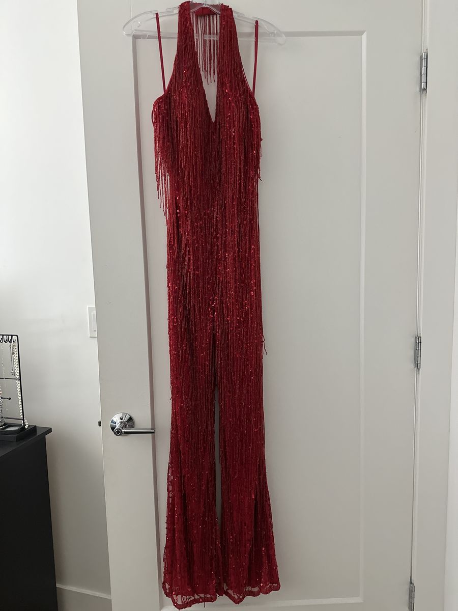 Style 92107 Lucci Lu Size 4 Halter Red Formal Jumpsuit on Queenly