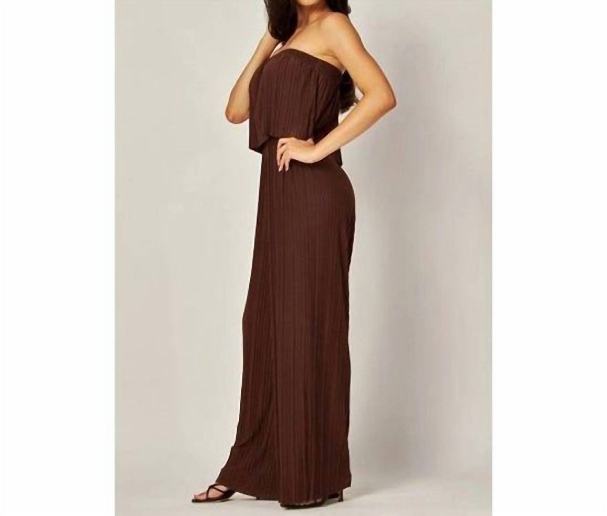 Style 1-4091401944-149 BNS Size L Strapless Sheer Brown Formal Jumpsuit on Queenly