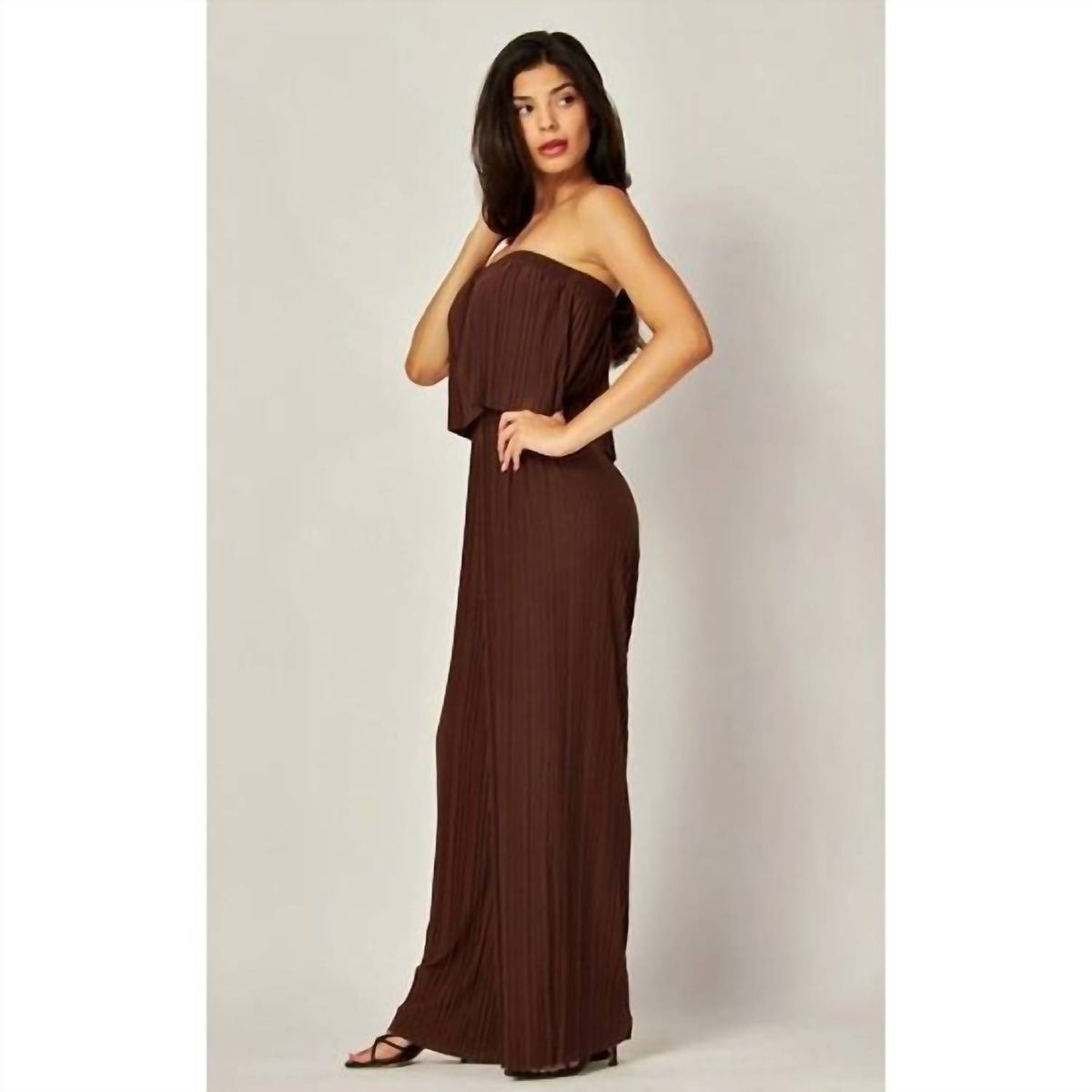 Style 1-4091401944-149 BNS Size L Strapless Sheer Brown Formal Jumpsuit on Queenly