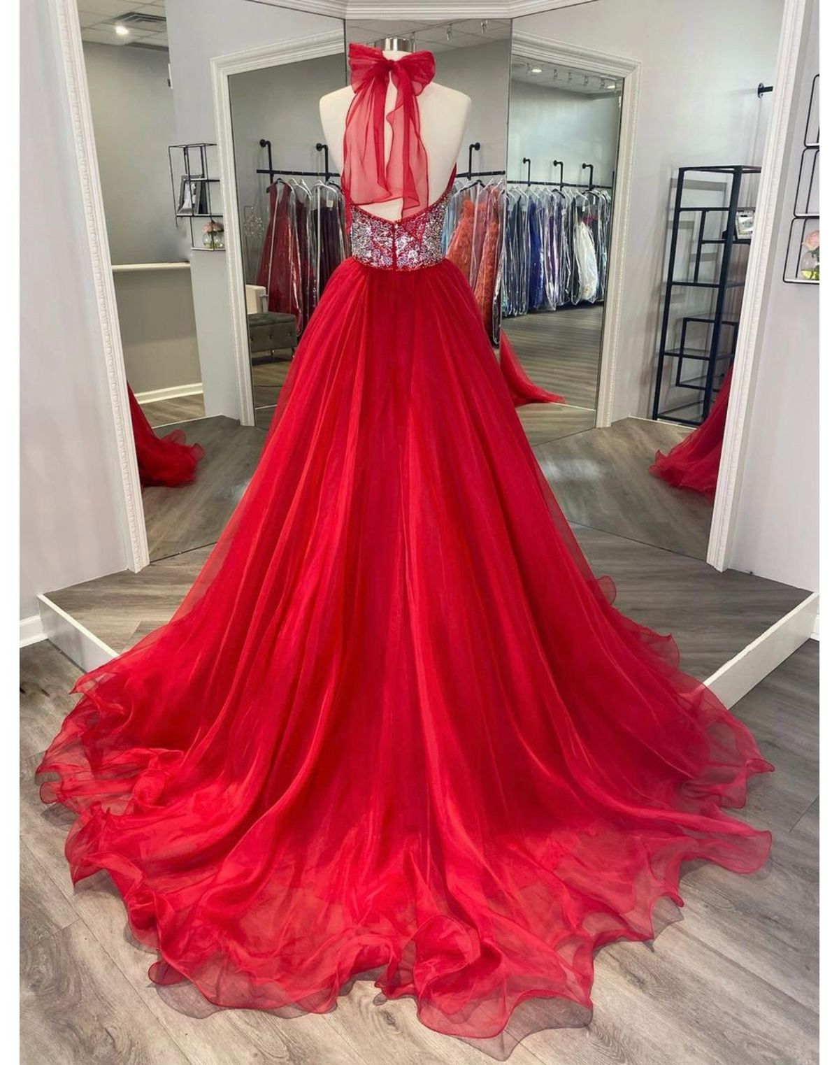 Style 00454 Sherri Hill Size 6 Pageant Halter Red Dress With Train on Queenly