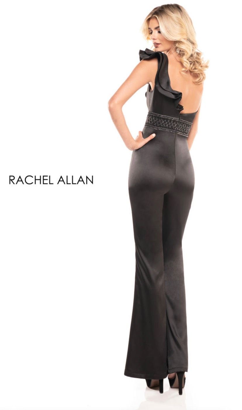 Style L1238 Rachel Allan Size 4 One Shoulder Black Formal Jumpsuit on Queenly