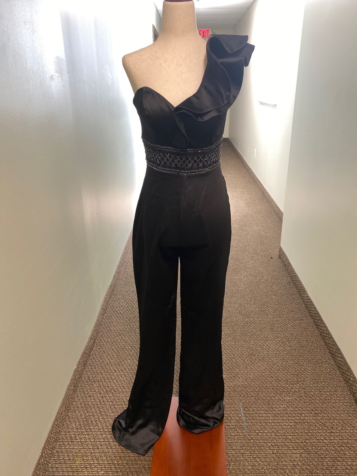 Style L1238 Rachel Allan Size 4 One Shoulder Black Formal Jumpsuit on Queenly