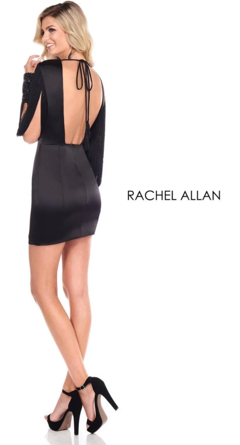 Style LBD L1256 Rachel Allan Size 4 Plunge Sheer Black Cocktail Dress on Queenly