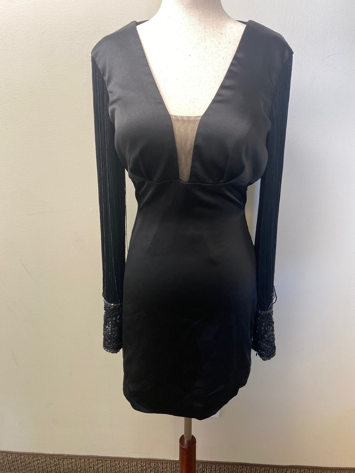 Style LBD L1256 Rachel Allan Size 4 Plunge Sheer Black Cocktail Dress on Queenly