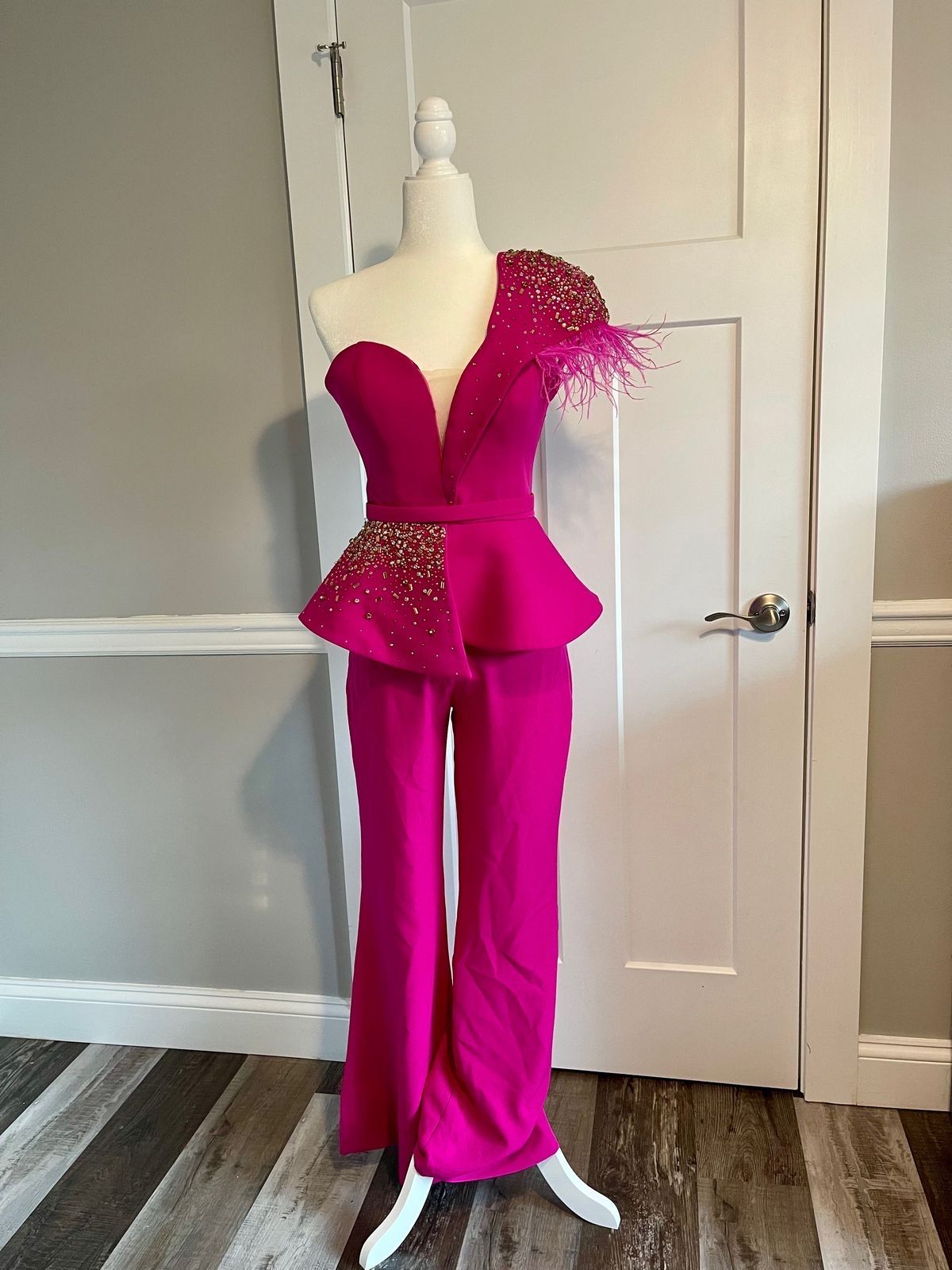 Size M Pageant Strapless Hot Pink Formal Jumpsuit on Queenly