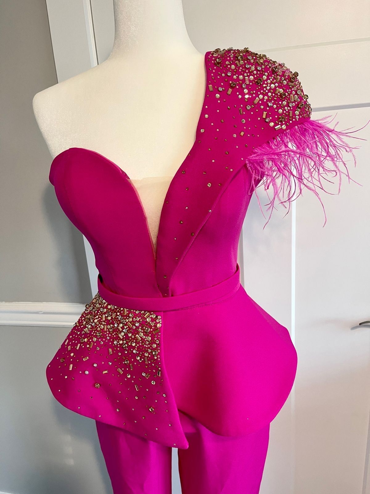 Size M Pageant Strapless Hot Pink Formal Jumpsuit on Queenly