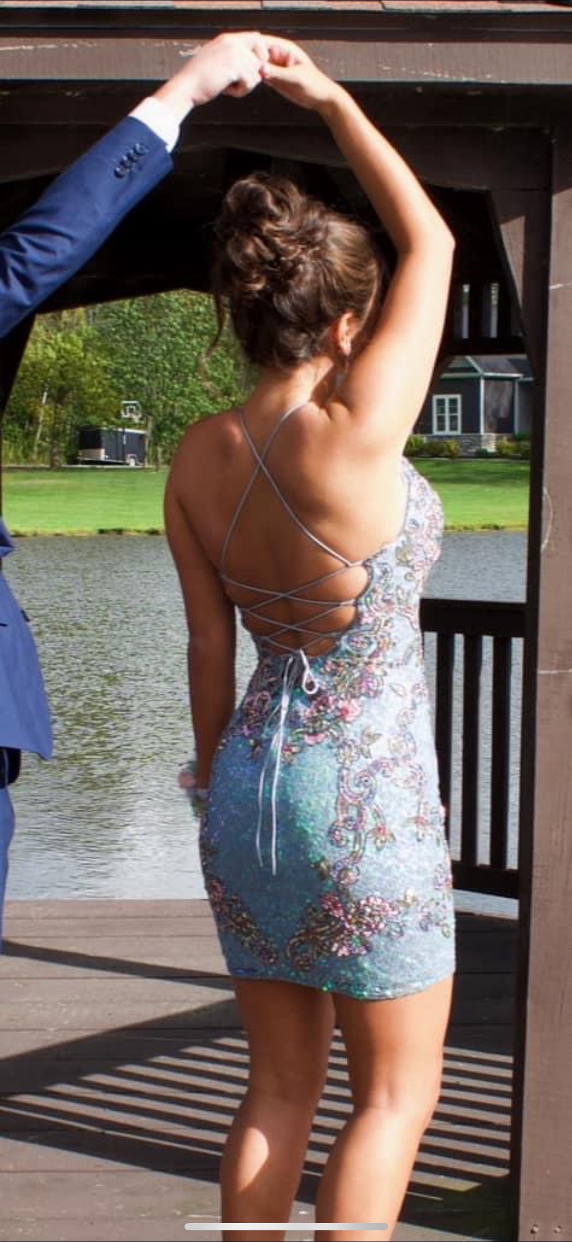 Style 3301 Primavera Size 4 Prom Plunge Blue Cocktail Dress on Queenly