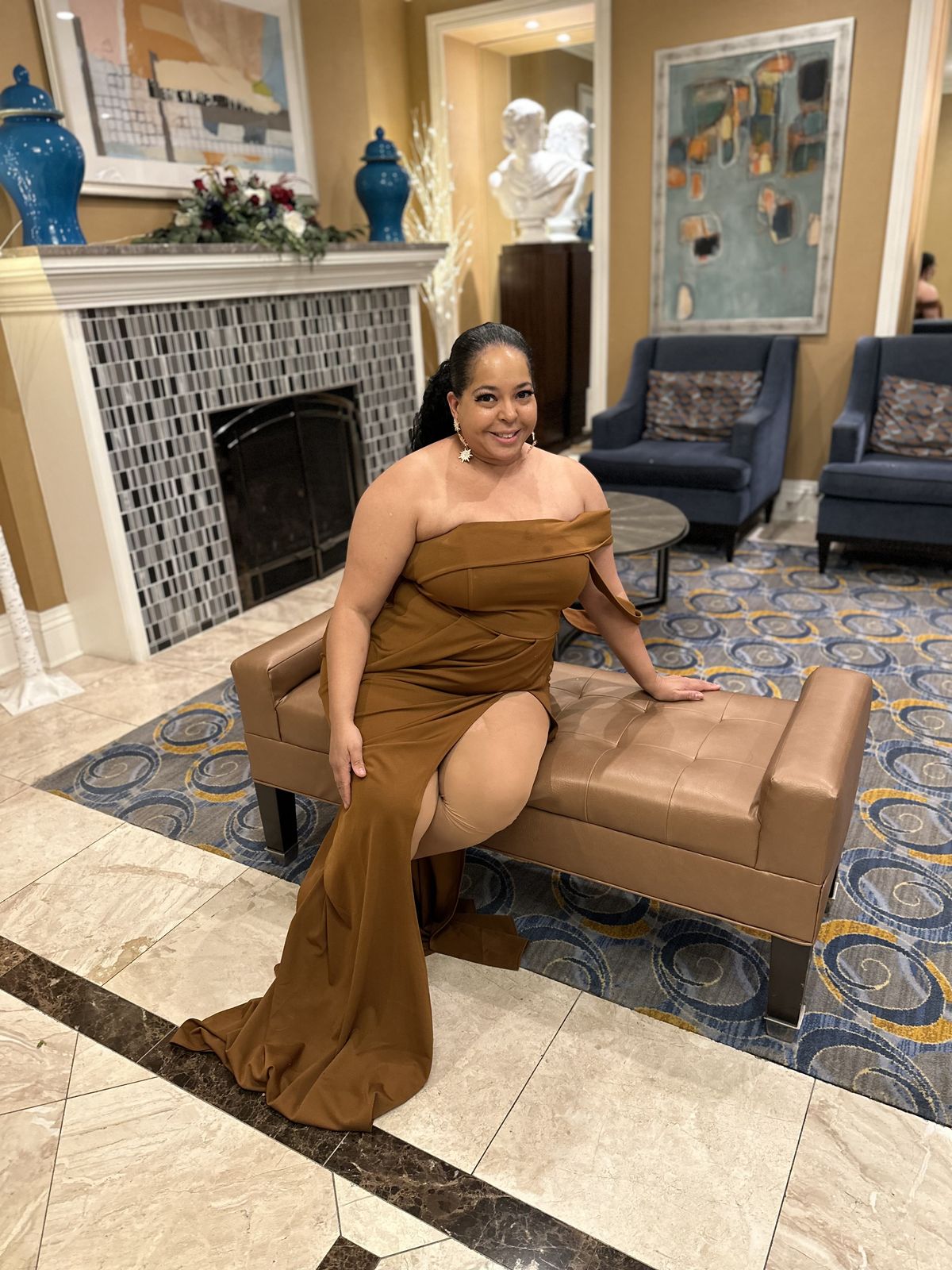 Plus Size 18 Prom Off The Shoulder Brown Side Slit Dress on Queenly