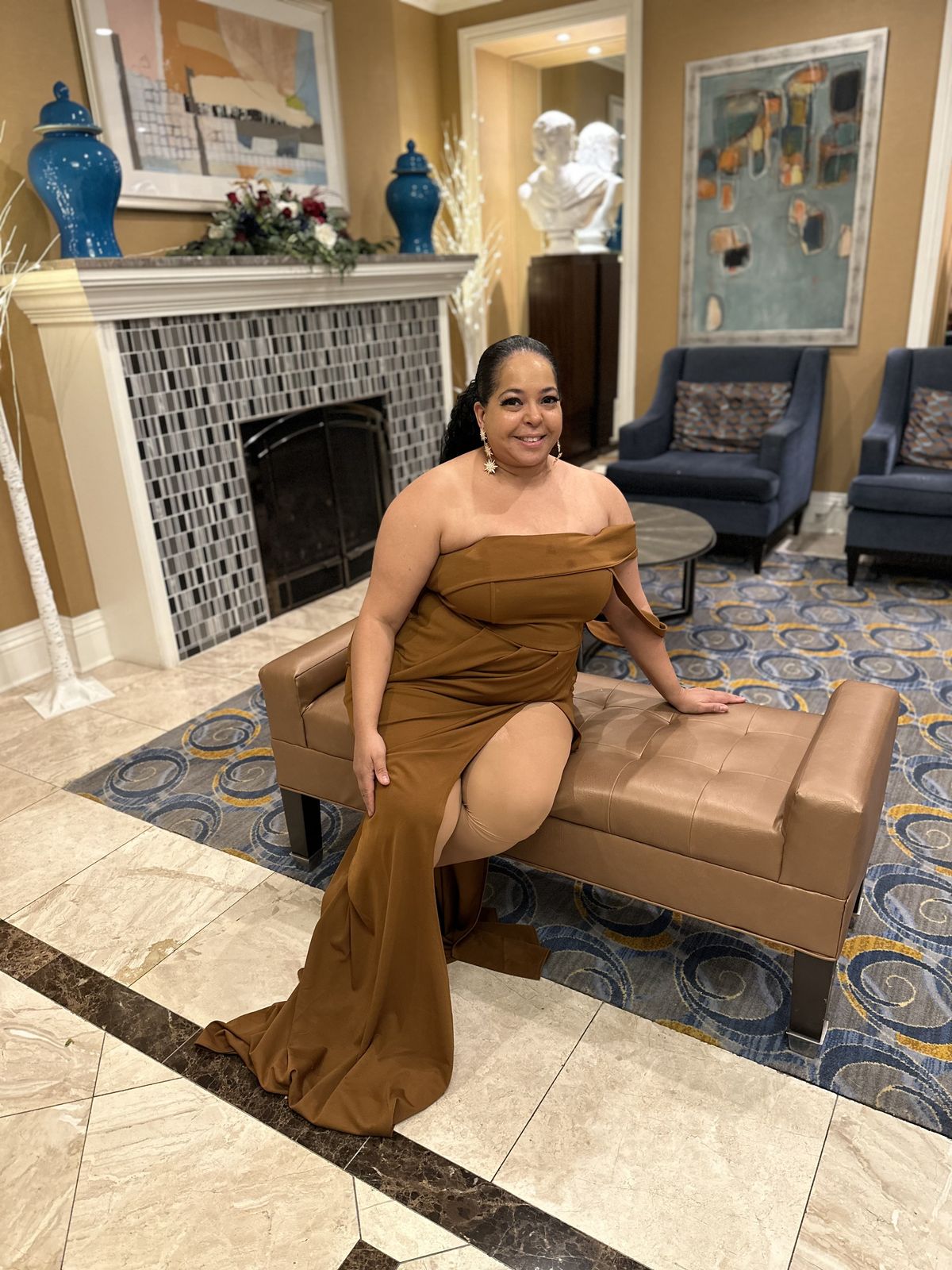 Plus Size 18 Prom Off The Shoulder Brown Side Slit Dress on Queenly