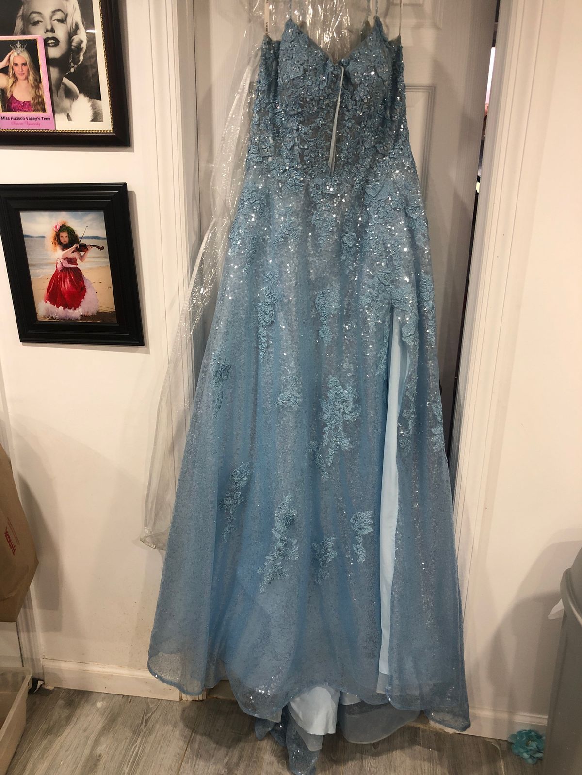 Style 55061 Sherri Hill Plus Size 16 Prom Plunge Blue Ball Gown on Queenly