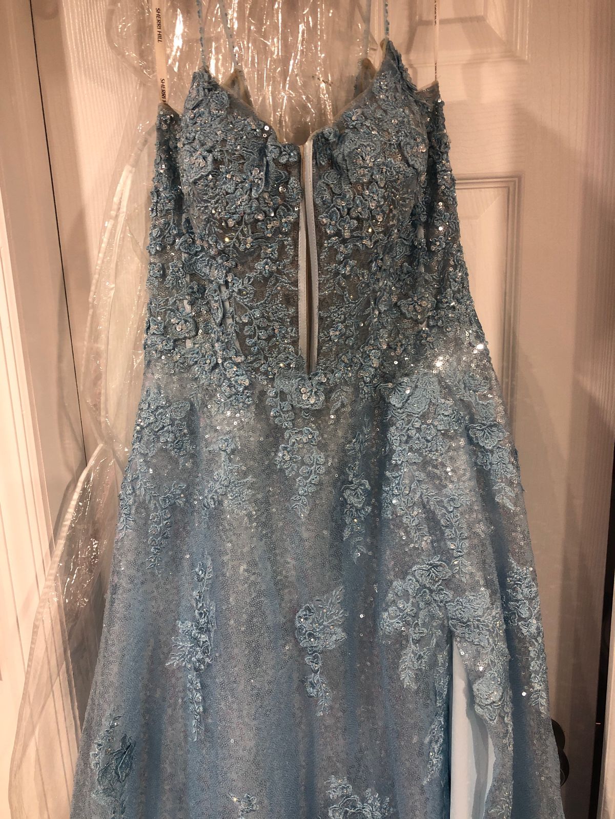 Style 55061 Sherri Hill Plus Size 16 Prom Plunge Blue Ball Gown on Queenly