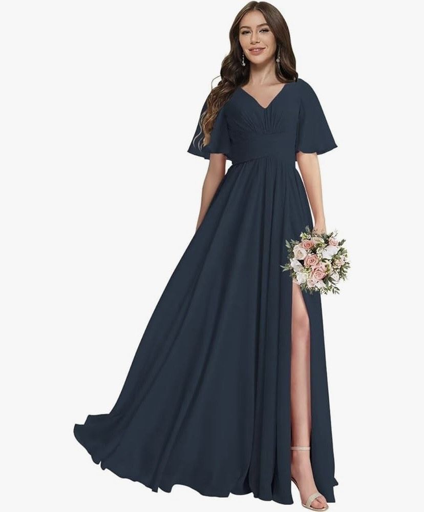 Plus Size 24 Bridesmaid Plunge Navy Blue A-line Dress on Queenly