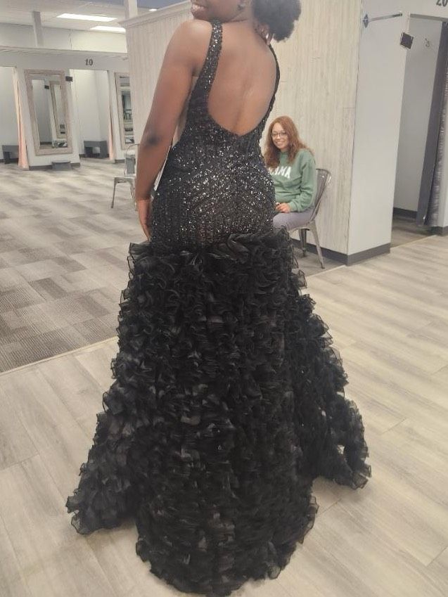 Style 38137A Jovani Size 12 Prom Plunge Black Ball Gown on Queenly