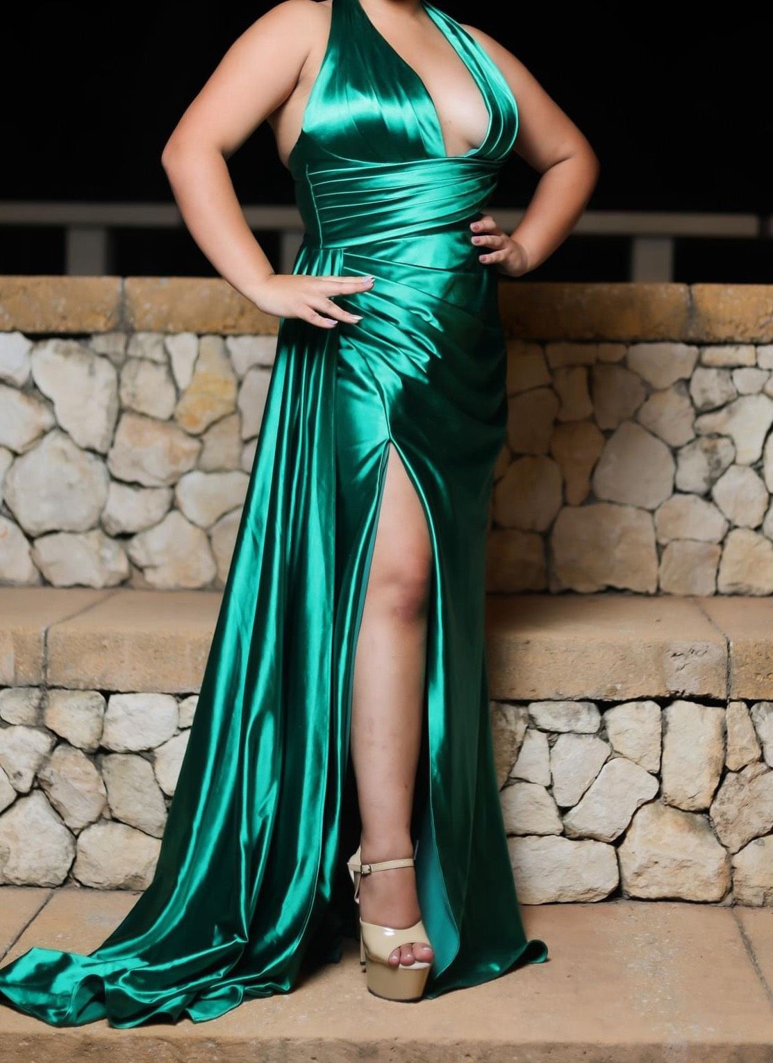 Style Cinderella Divine CH079 Cinderella Divine Size L Pageant Halter Green Side Slit Dress on Queenly