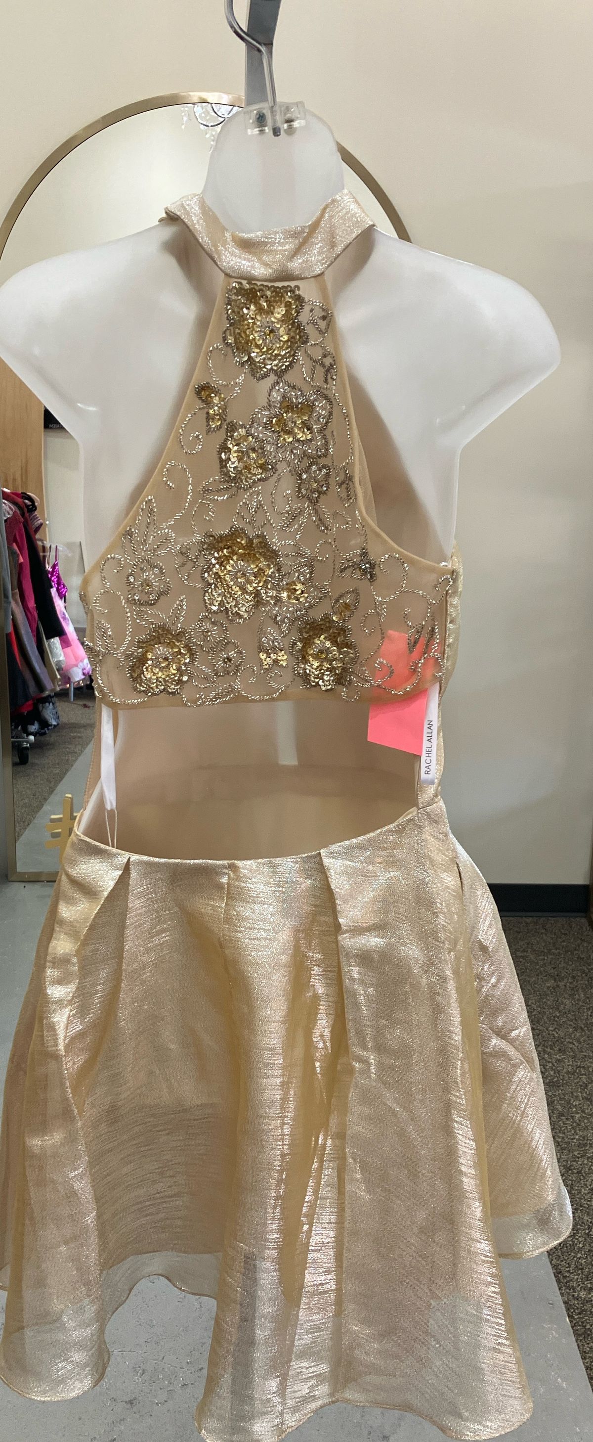 Style 4080 Rachel Allan Size 8 Prom High Neck Gold Cocktail Dress on Queenly