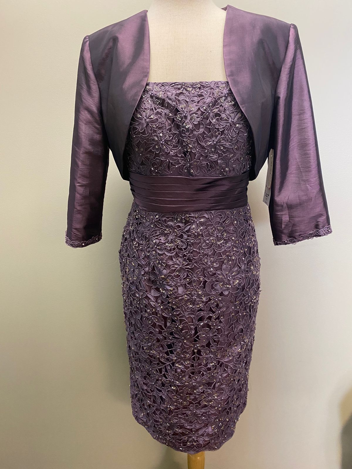 Style 04176 Mon Cheri Size 14 Lace Purple A-line Dress on Queenly