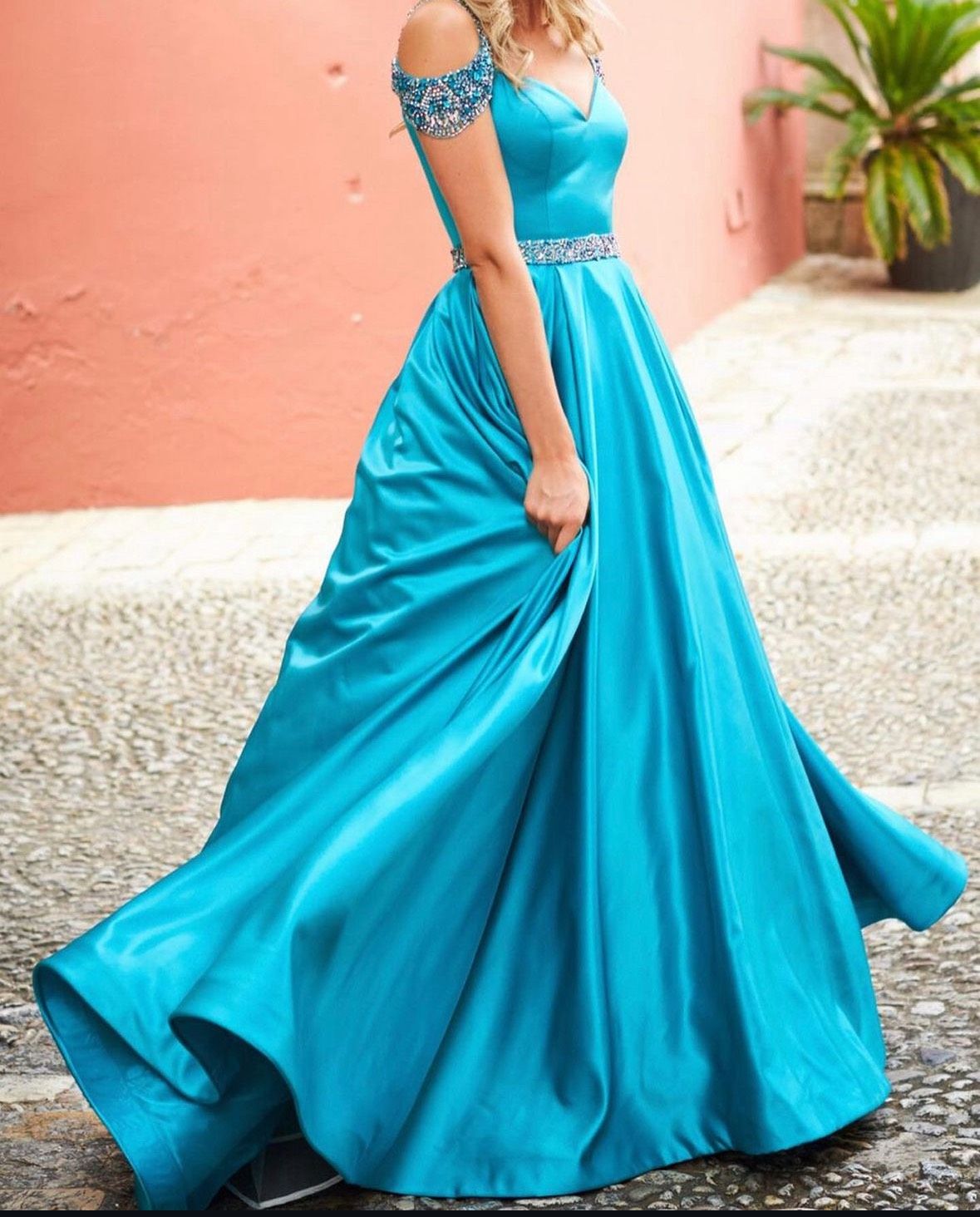 Style 51613 Sherri Hill Size 4 Prom Cap Sleeve Blue Ball Gown on Queenly